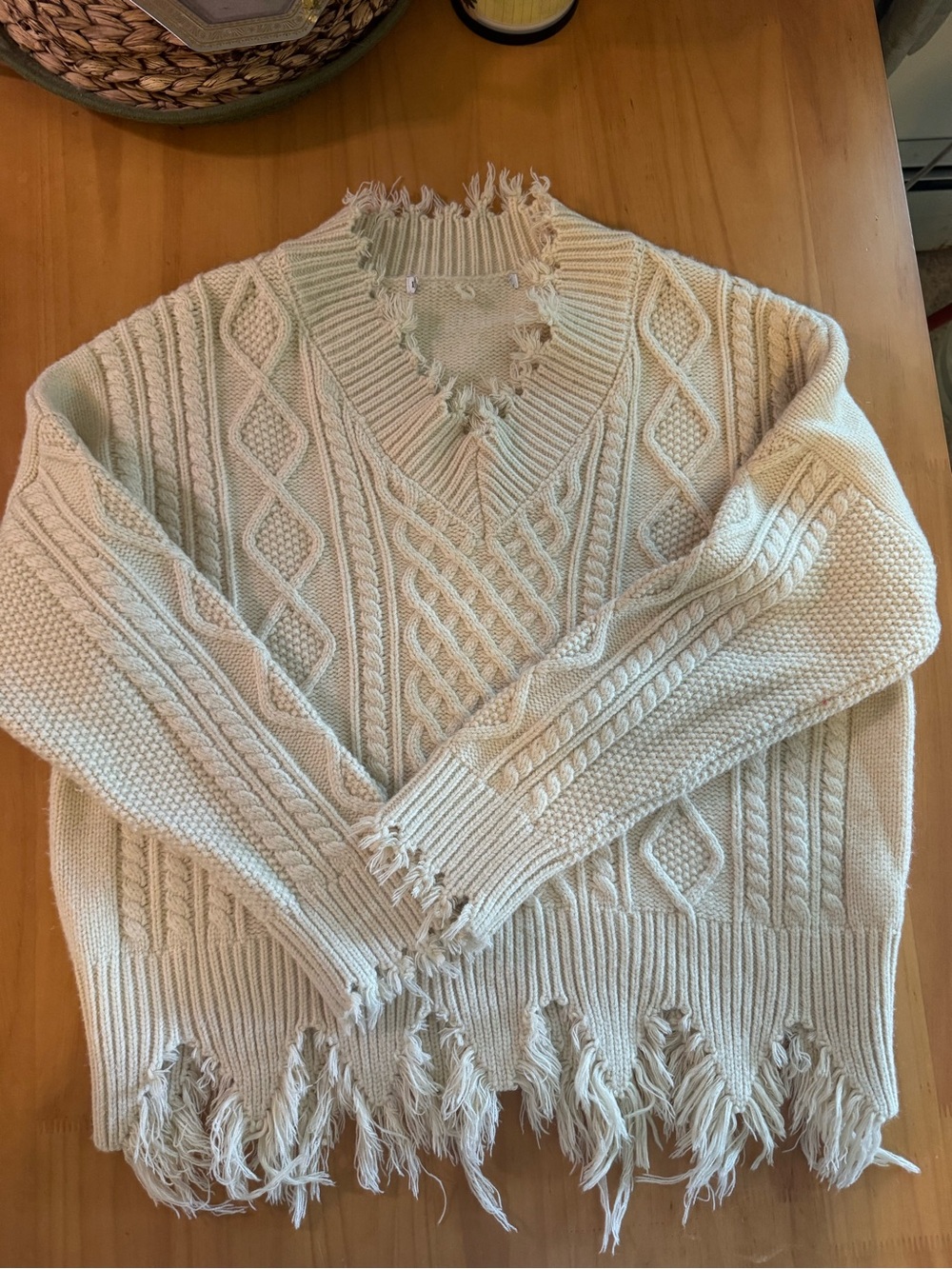 ELF Cream Distressed Cable V-Neck Sweater